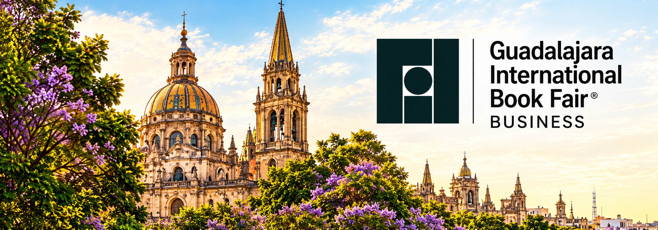 Guadalajara International Book Fair logo above the cathedral and gardens of Guadalajara