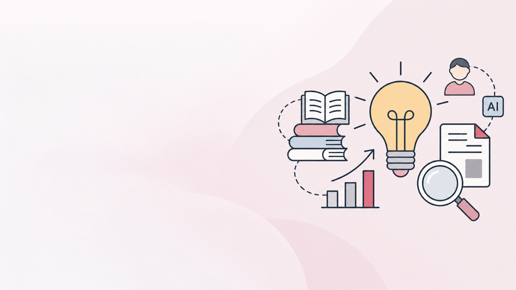 Books, a light bulb, research and AI illustrating publishing insights